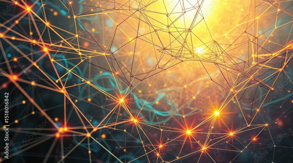 Poster visual representation of a digital network illuminated by warm colors in a dark backdrop during a te