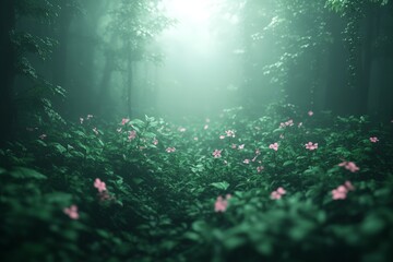 Serene forest with blooming pink flowers under misty green canopy
