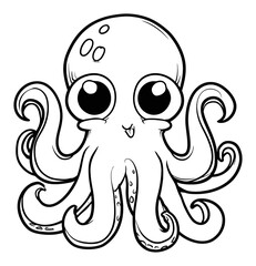 Cute Cartoon Octopus Illustration in Engraving and Linocut Style Design