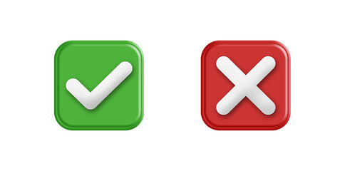 3D rendered check mark and cross mark icons in green and red colors. Tick and X symbols designed with a glossy, rounded style on a transparent background. Interface design, app, approval or denial 
