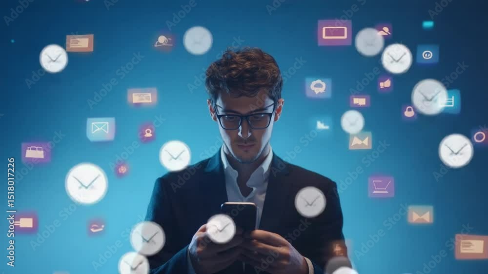 Poster young professional using a mobile device surrounded by application and information icons