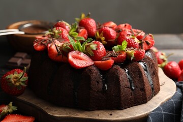Delicious bundt cake with strawberries, mint and chocolate shavings on table against grey background, closeup