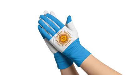 Hands wearing blue and white gloves with the Argentine flag display excitement and pride during a sports event