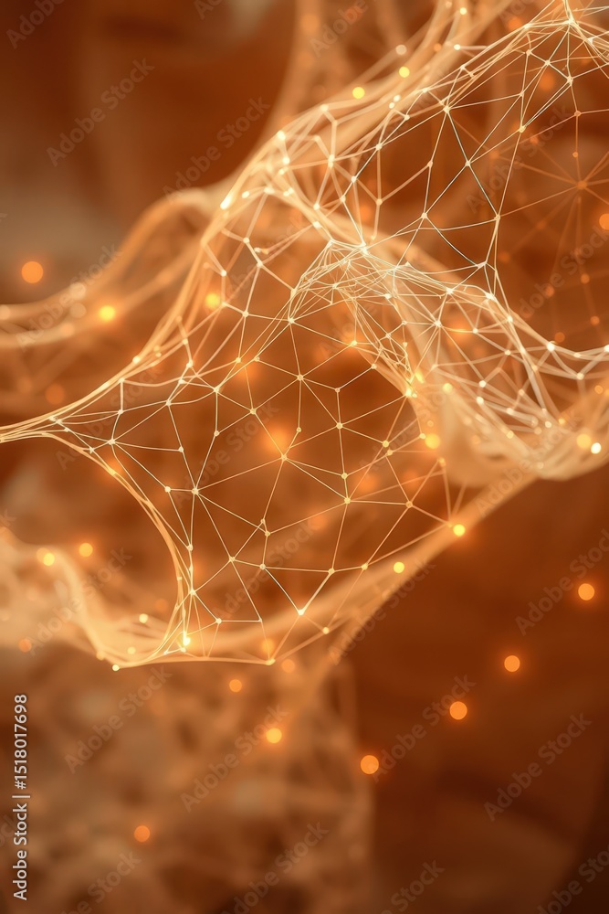 Poster unique abstract representation of interconnected nodes and glowing lights in warm tones showcasing t