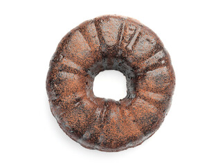 Delicious chocolate bundt cake isolated on white, top view