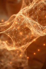 Unique abstract representation of interconnected nodes and glowing lights in warm tones showcasing technological concepts