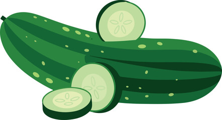  Freshly picked green cucumber with slices isolated on a white background.
