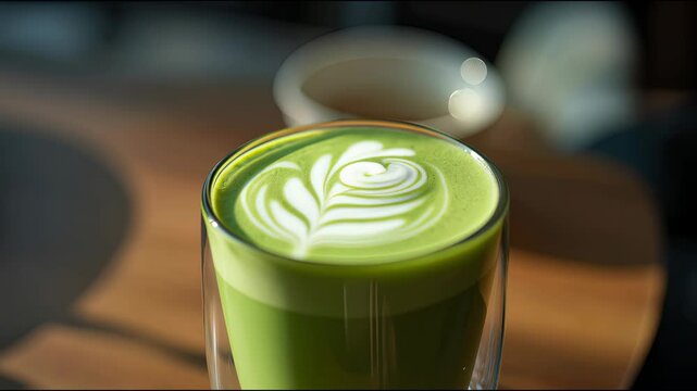 Pouring matcha latte with leaf art in bright natural light. Concept of mindful rituals, modern tea culture, and visual elegance in daily moments