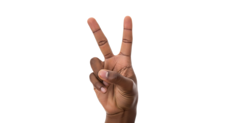 Hands forming peace sign symbol against a white background, displaying unity and positivity