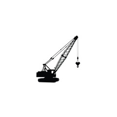 Silhouette of a crawler crane lifting load on white background