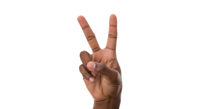 Hands forming peace sign symbol against a white background, displaying unity and positivity
