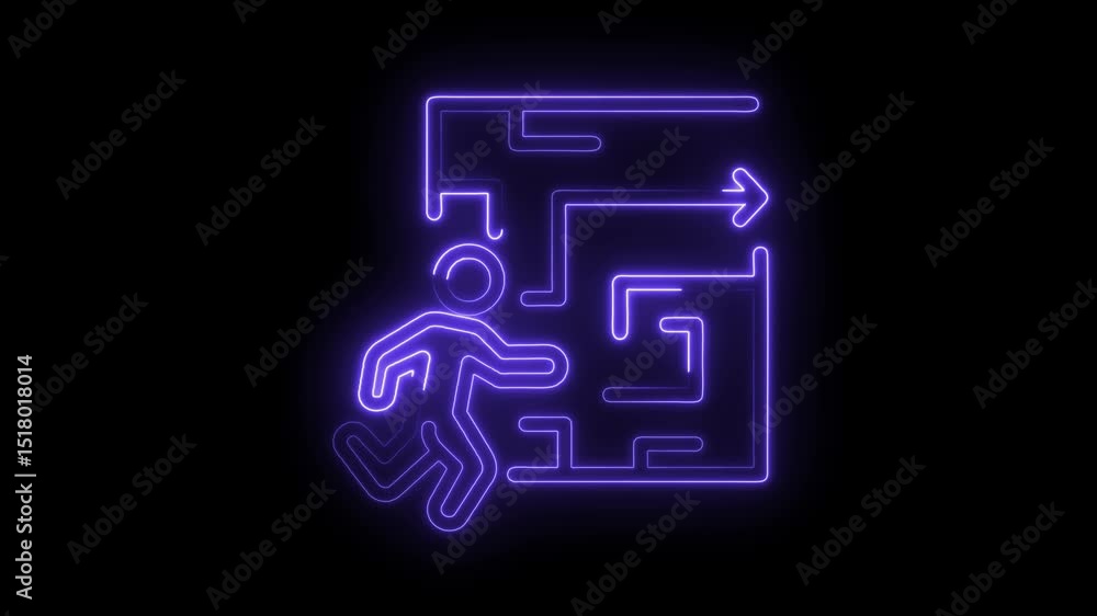 Poster neon person navigating a maze towards an exit strategy glowing on black background