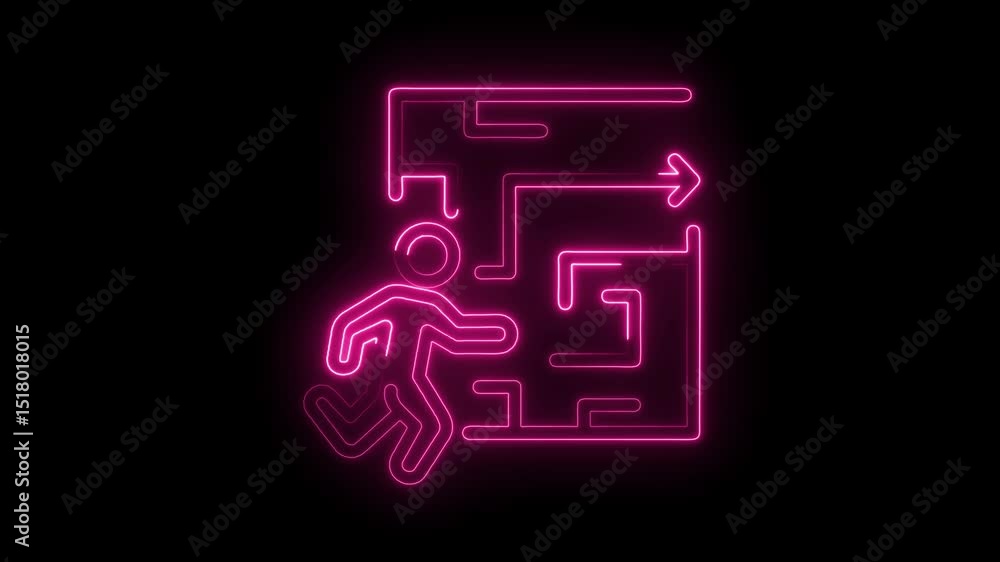 Poster neon running man in a maze with an arrow path solution on black background