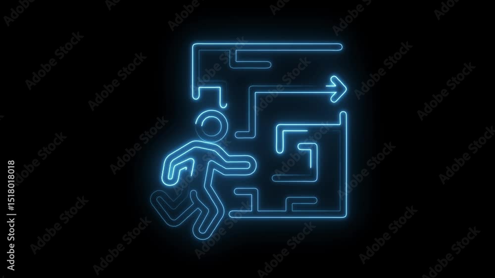 Poster neon man running through maze finding solutions to challenges and success on black background