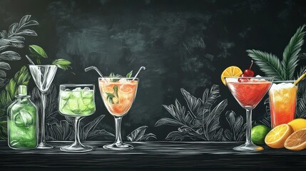 hand-drawn mocktail menu chalkboard with glasses on bar counter