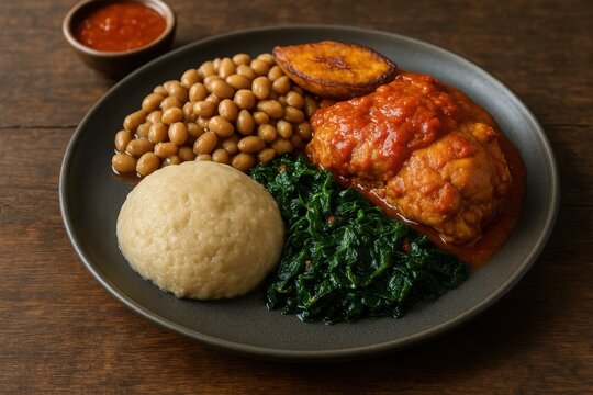 Angolan traditional dish with funge, chicken stew, beans and greens. AI-generated.