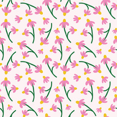 Simple pink flower seamless pattern background for textile, print, banner, wrapping paper, wallpaper. Spring summer repeat print hand-drawn vector illustration. 