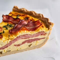 A close-up of a golden slice of quiche captured in sharp detail on a white surface – quiche wallpaper – bakery wallpaper – quiche image

