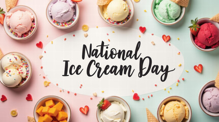 Colorful ice cream scoops in bowls for National Ice Cream Day celebration