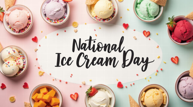 Colorful ice cream scoops in bowls for National Ice Cream Day celebration  