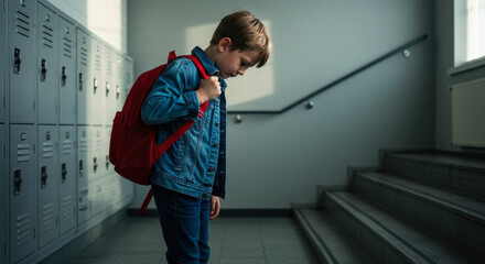 Child with backpack near lockers in school hallway, bullying and emotional strain