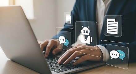 Businessperson using ai chatbot for customer service on laptop