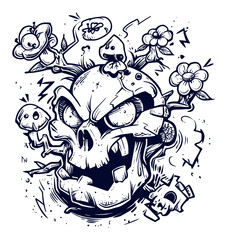 Intricate Hand-Drawn Skull Illustration with Floral Elements