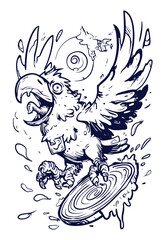 Naklejka premium Playful Modern Hand-Drawn Illustration of a Quirky Cartoon Bird in Action