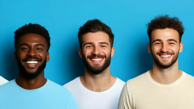 Friendly and happy group of young men smiling for the camera, showing their camaraderie and positive relationships.