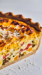 A close-up shot of a savory quiche slice in sharp focus on a white background – quiche wallpaper – bakery wallpaper – quiche image

