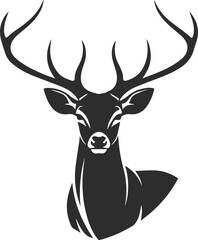 Logo of a beautiful deer with big horns and eyes, deer icon in the form of a silhouette in black.