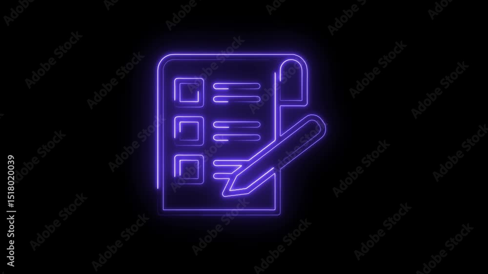 Poster neon checklist icon animation glowing task list with pen on black background
