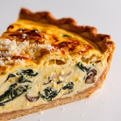 A detailed view of a quiche slice with golden crust on white – quiche wallpaper – bakery wallpaper – quiche image


