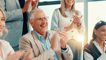 Happy man, business people or applause in company for financial achievement, target or profit...