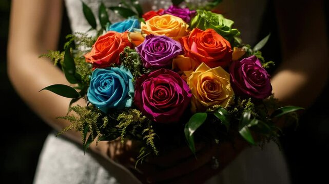 A vibrant bouquet of multicolored roses being held by a bride. These flowers are suitable for celebrations like weddings, anniversaries or birthdays.