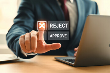 Fototapeta premium Business hand in gray suit pressing digital reject button above approve option at wooden desk with professional warm lighting