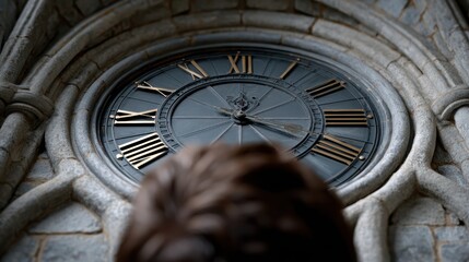 fantasy clock tower, inside an antique grandfather clock tower, floating roman numerals defy gravity as a person looks up in wonder dramatic lighting creates a cathedral-like atmosphere, blending