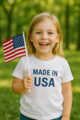 Smiling girl holding US flag and â€œMade in USAâ€ shirt.