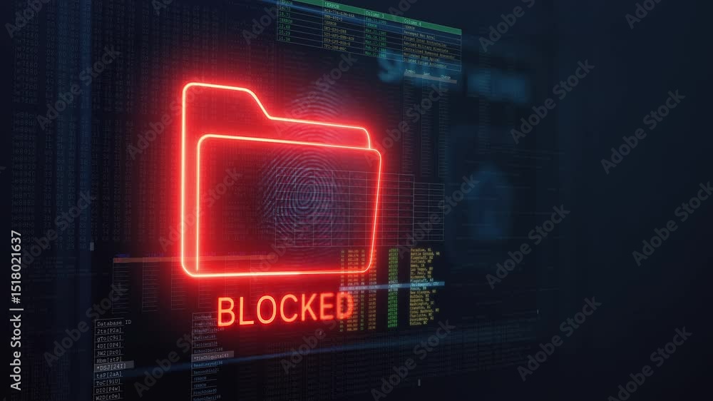 Poster glowing red digital folder icon labeled 'blocked' against a backdrop of computer code and dark cyber