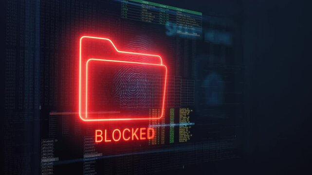 Glowing red digital folder icon labeled 'BLOCKED' against a backdrop of computer code and dark cybersecurity interface.