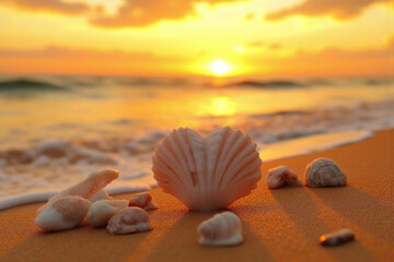 heart shaped shell on the beach at sunset