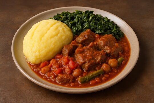 Ugandan matoke with beef stew and saut&eacute;ed greens. AI-generated.