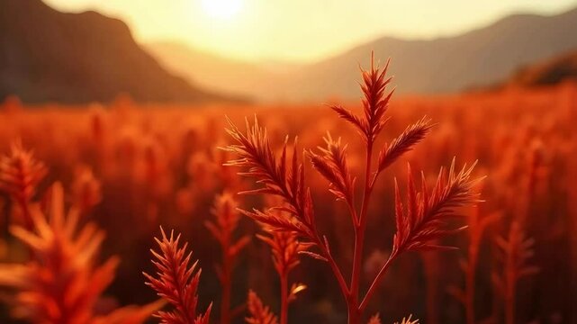 A field of genetically modified red plants swaying in a gentle breeze on an alien planet, scientific outpost
