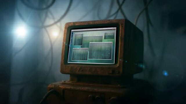 Dusty vintage computer terminal displaying multiple green terminal windows, surrounded by cables in a dark, eerie atmosphere.