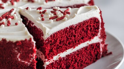 A close-up of red velvet cake slice with cream cheese frosting, isolated on white – red velvet cake wallpaper – bakery wallpaper – red velvet cake image

