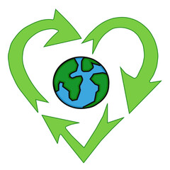 Earth surrounded by recycling arrows forming heart shape, symbolizing environmental care and sustainability