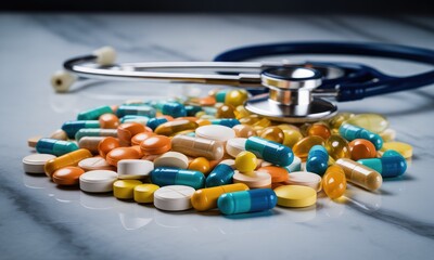 A collection of colorful pills surrounding a stethoscope on a marble surface.