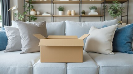 A cozy living room with a stylish sofa and an open cardboard box inviting exploration.