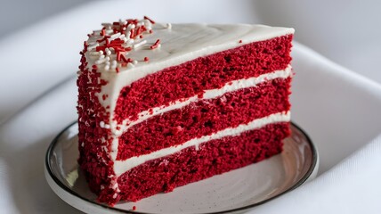 A single slice of red velvet cake with rich color and frosting on white – red velvet cake wallpaper – bakery wallpaper – red velvet cake image

