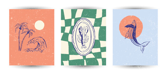 Set of Hand Drawn sketch style vector Illustrations – Vintage Style Minimal Posters with Grunge Texture. Travel doodles. Art for postcards, print posters, packaging design with textured grunge finish